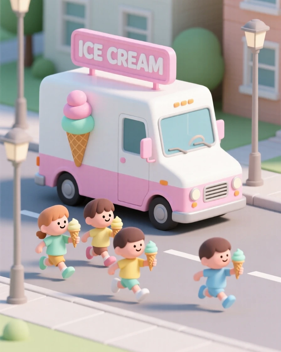 A cheerful ice cream truck jingles down a quiet street as children race from every yard to greet it.