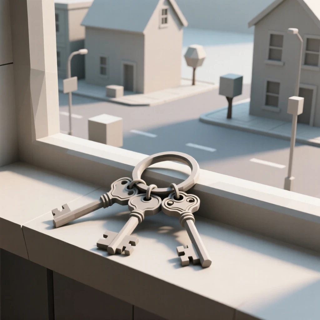 A key ring with ornate antique keys, on a windowsill overlooking a quiet street. the composition uses a balanced, classic still-life arrangement. There is a calm, contemplative stillness.