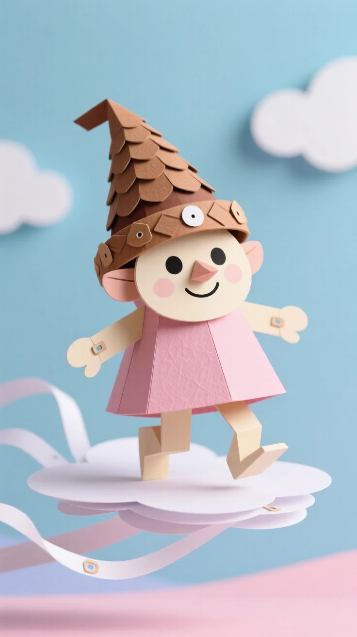 A tiny acorn-capped gnome floating lazily across a pastel sky, with a comically cross-eyed expression, capturing joyful, lighthearted wonder.