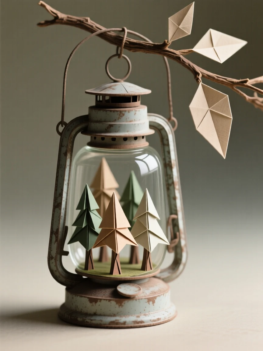 A pocket-sized forest growing inside an old glass lantern hanging from a branch.