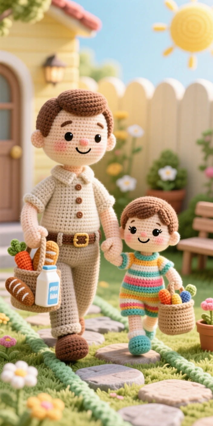 A heartwarming family moment: a father carrying groceries with his child's help each holding a small bag, walking together up the front path within a sunny backyard set up for togetherness; a handmade card resting on the table nearby, full of deep, unconditional love and togetherness.