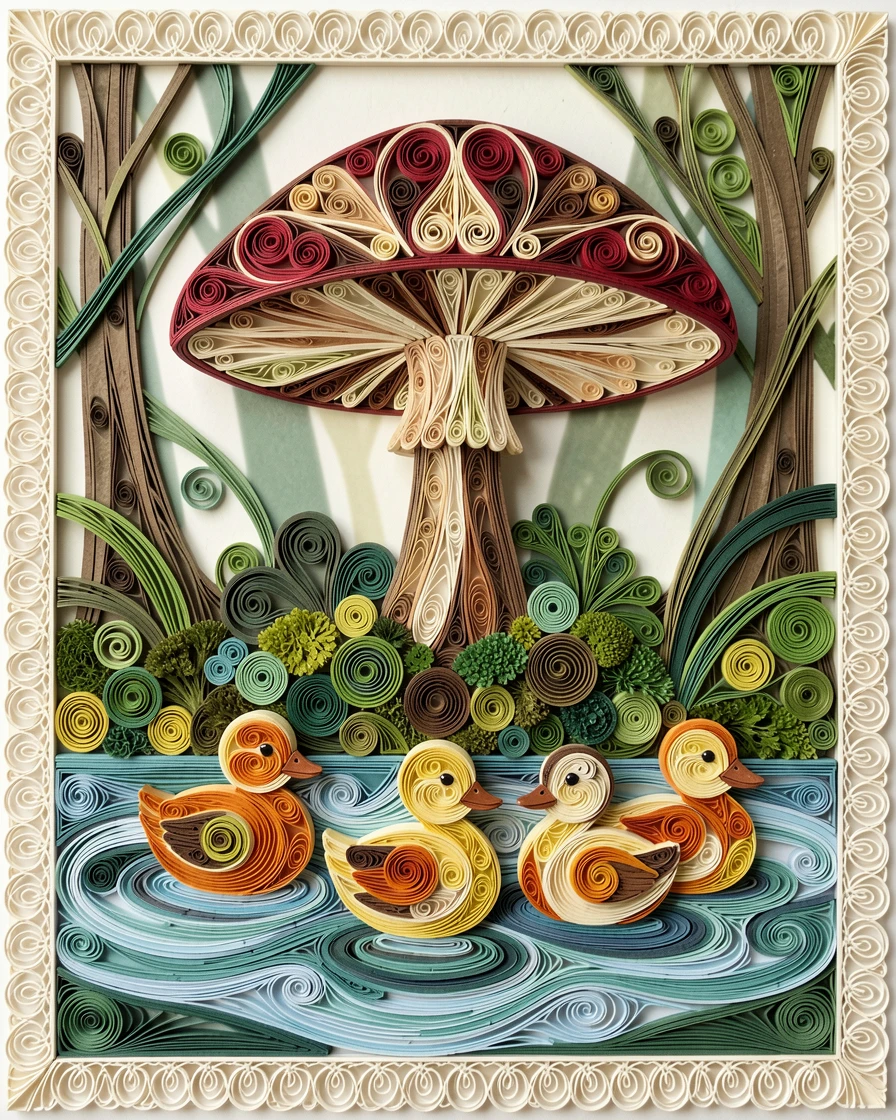 a duckling family paddling in a neat row, beneath a giant mushroom in a mossy forest, centered with soft blurred greenery in the background, with delicate lace-like texture along the edges.