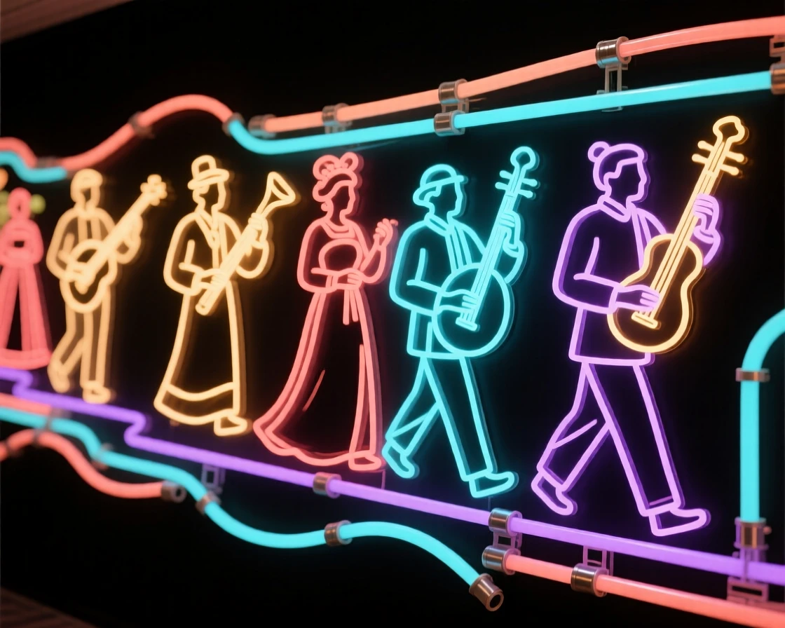 A traditional wedding procession with musicians leading the way.