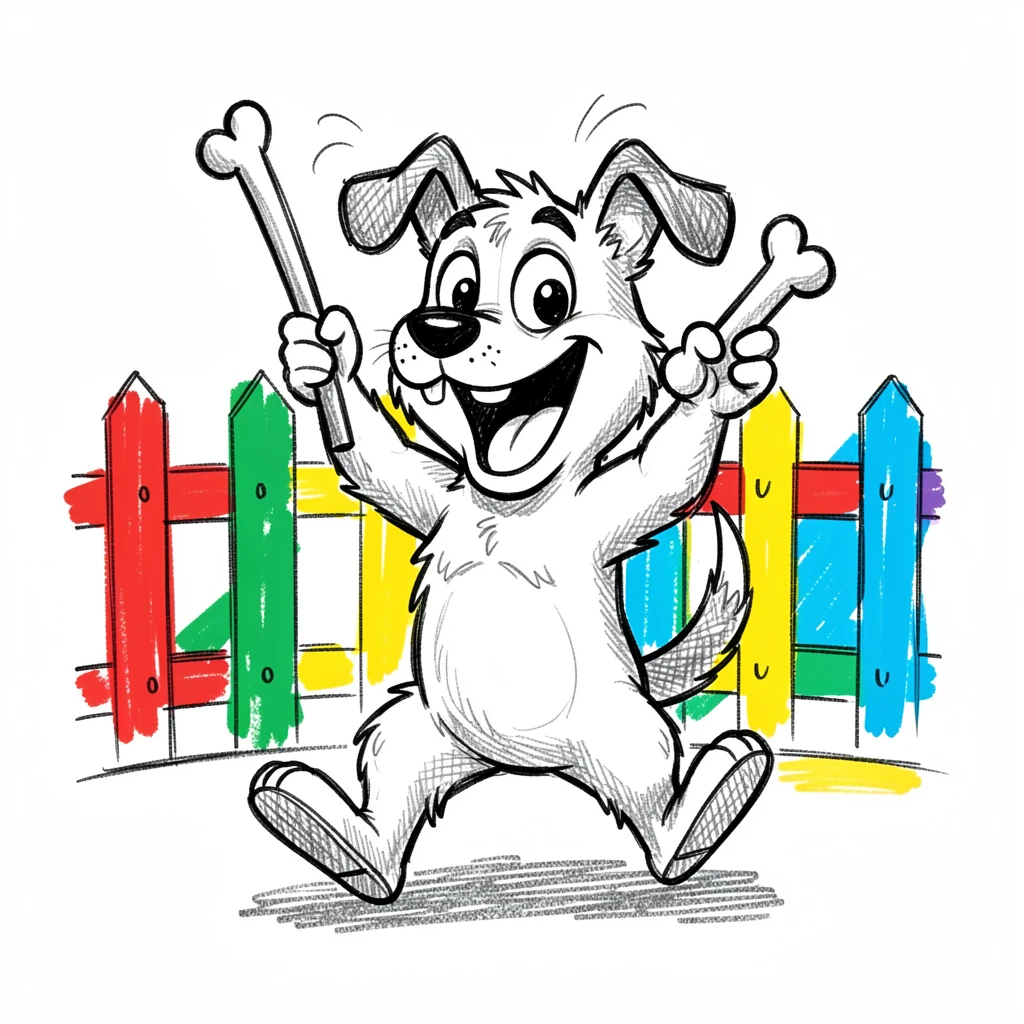 A dog directing traffic with a bone as a baton on a colorful painted fence.
