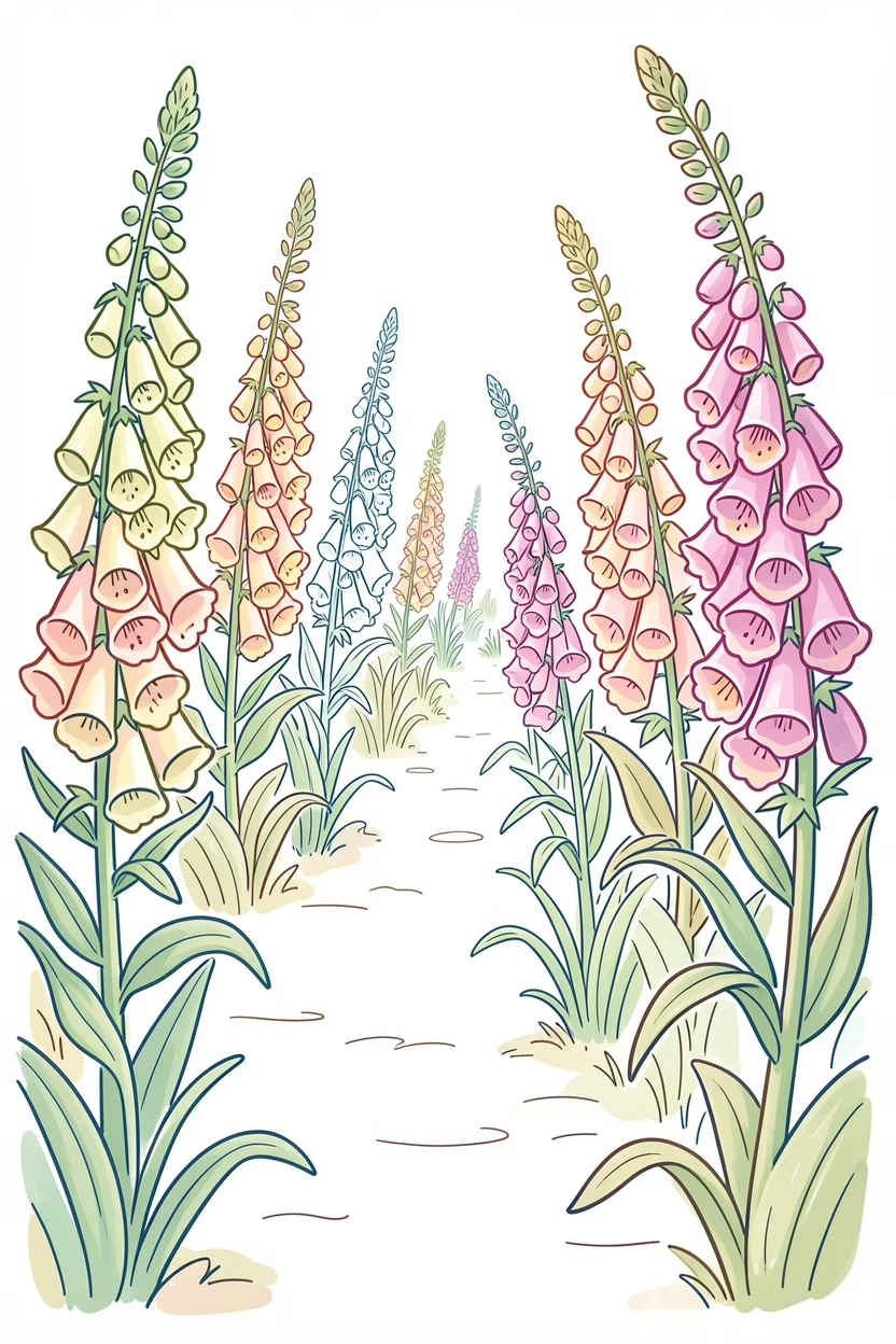 A field of wild foxglove towering above a cottage garden path.