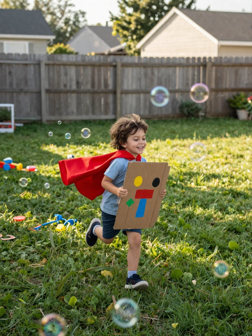 A child in a superhero cape runs across a backyard with a cardboard shield, chasing bubbles.