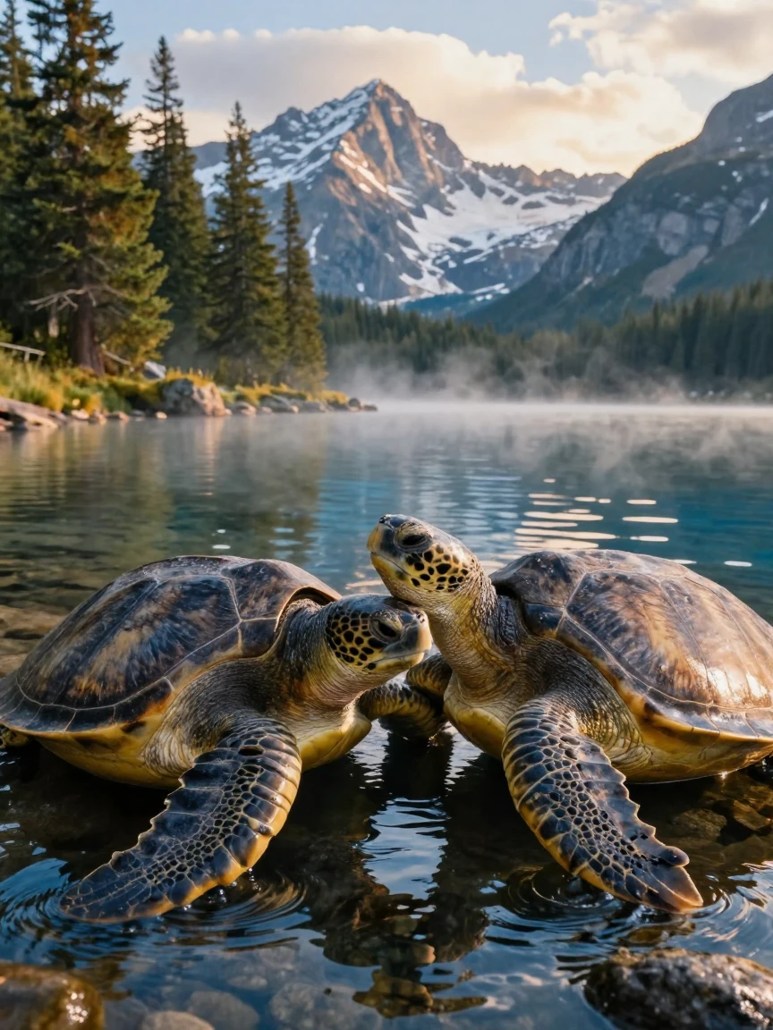 A sea turtle grooming one another with great care beside a tranquil alpine lake