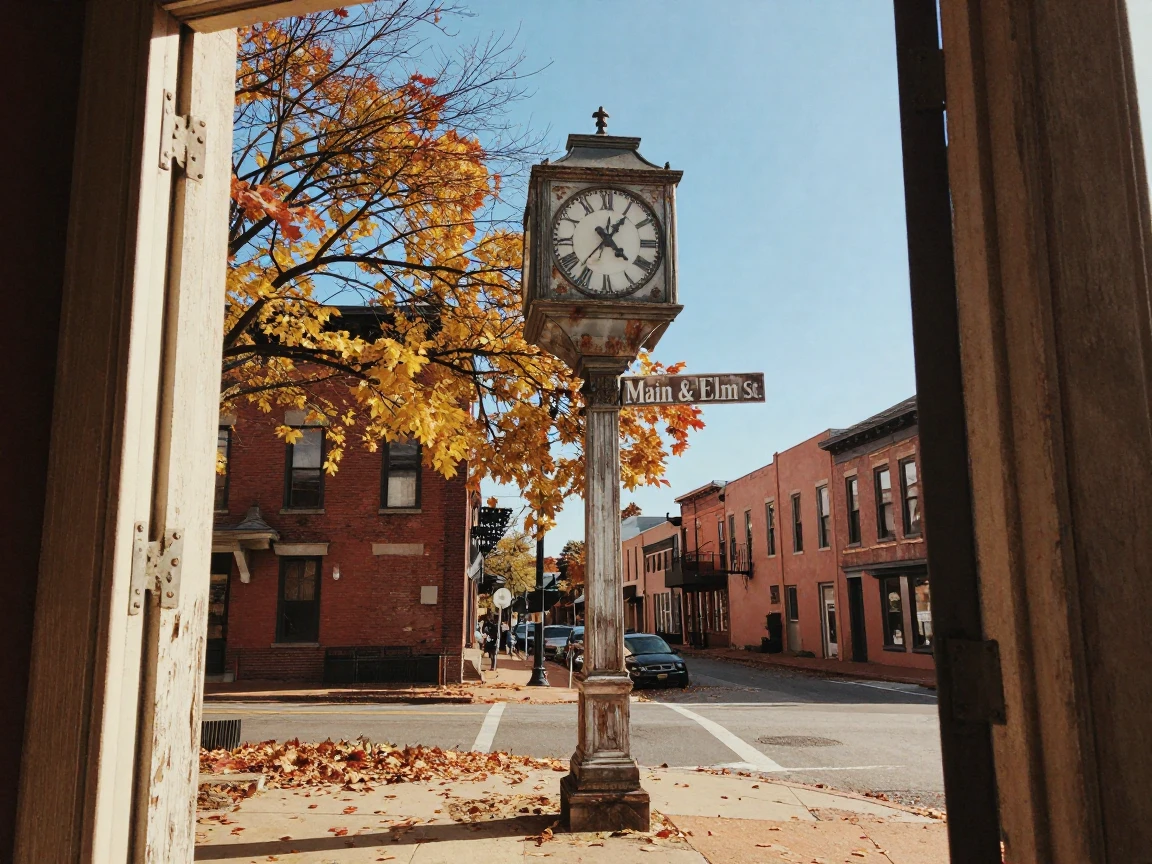 A historic street corner with a weathered clock tower overhead, under harsh midday sun, on a clear, cloudless day, as autumn leaves turn gold and red, in earthy terracotta and ochre shades, framed through an open doorway.
