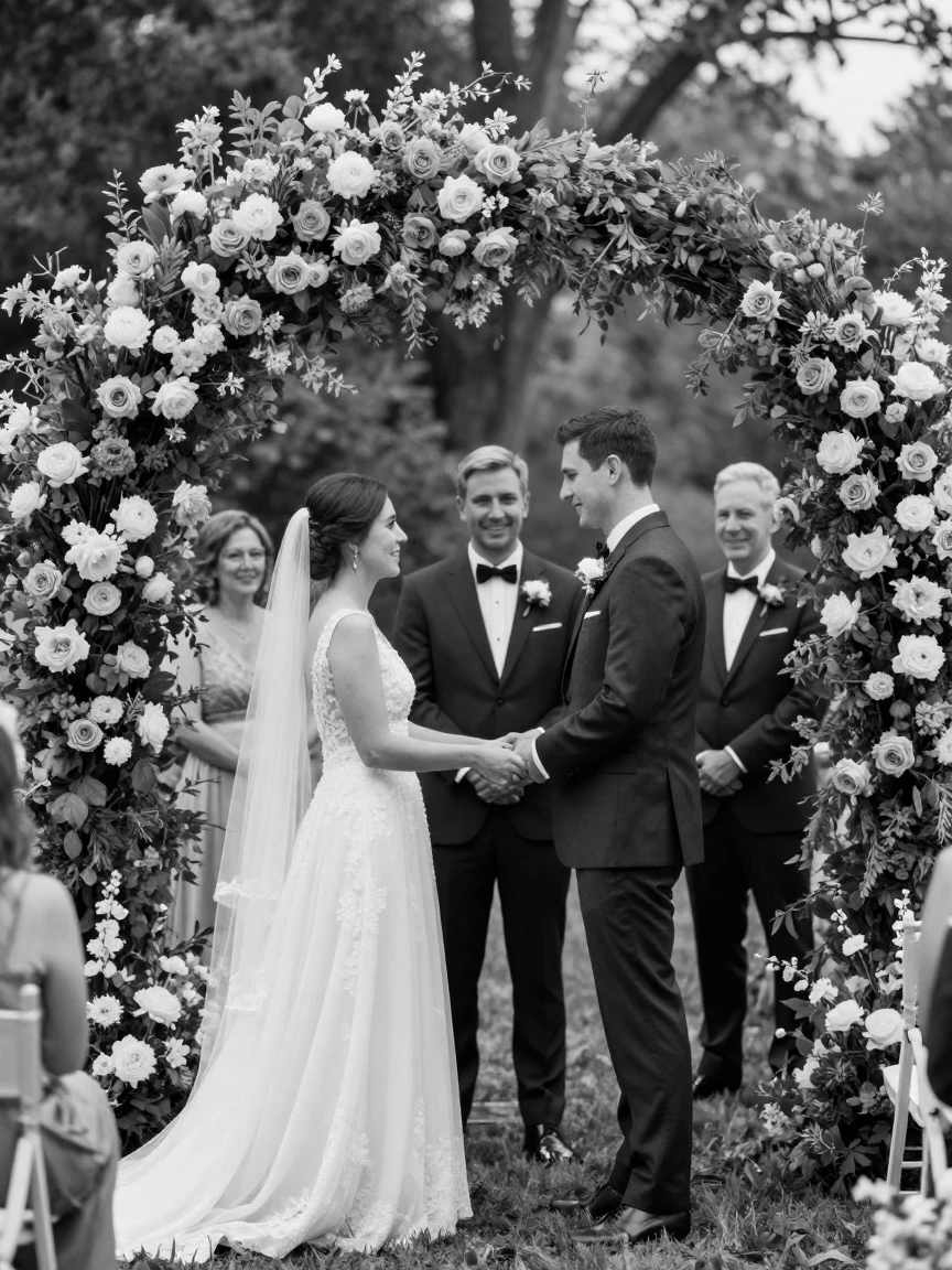 A newly engaged couple exchange vows before family and friends beneath a floral wedding arch.