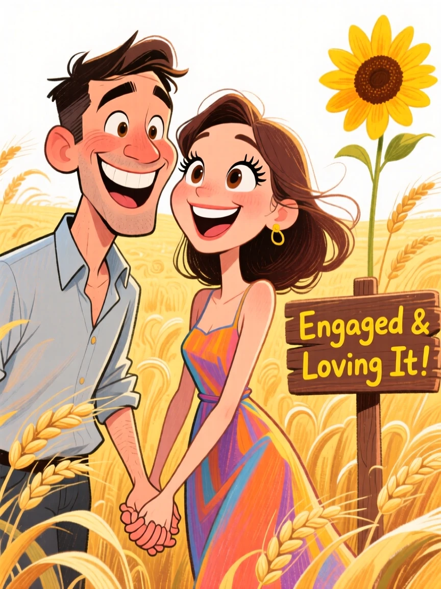 A couple taking an engagement photo shoot in a golden wheat field.