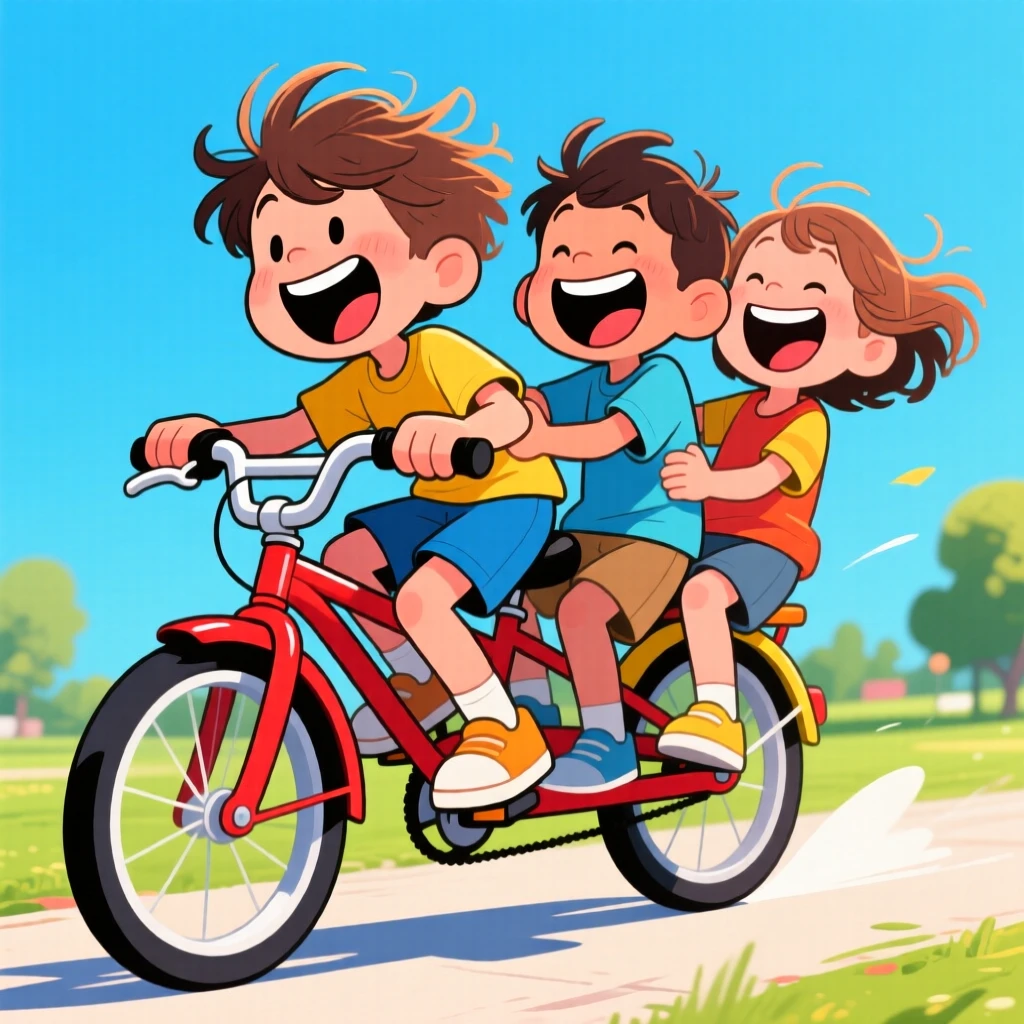 A playful childhood moment of a group of kids riding a bike for the very first time, with wide grins and messy hair.