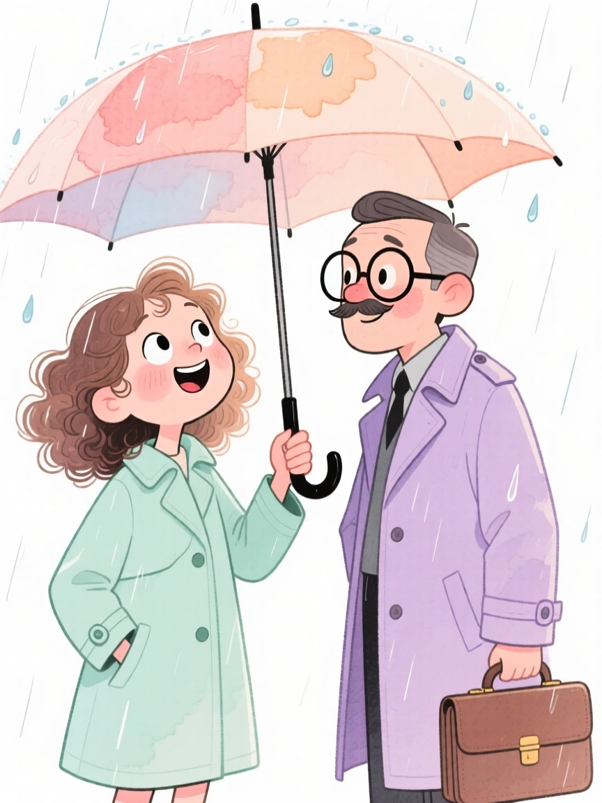 An uplifting, heartwarming moment of two strangers sharing an umbrella in a sudden downpour