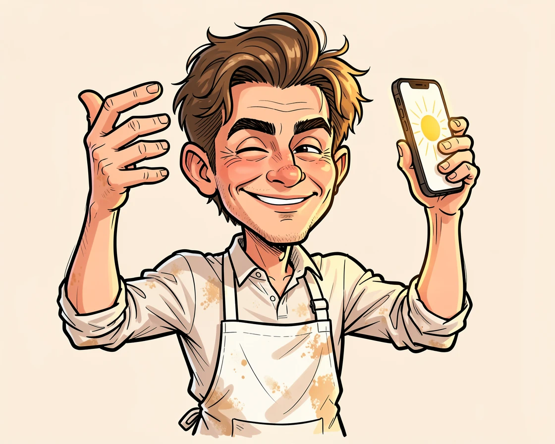 [Trending & Universal Topics] Modern lifestyle scene of a laid-back weekend chef capturing golden hour on a phone camera, capturing everyday joy