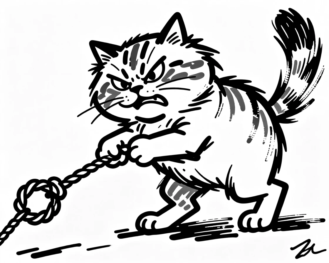 A persian cat playing tug of war with a rope toy, back paws braced and determined.