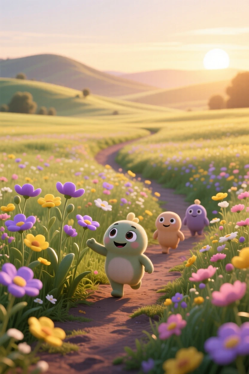 A field of wildflowers glows as the first light of dawn spills over the horizon, with a narrow path winding through the scene. The mood is serene, vast, and quietly majestic.