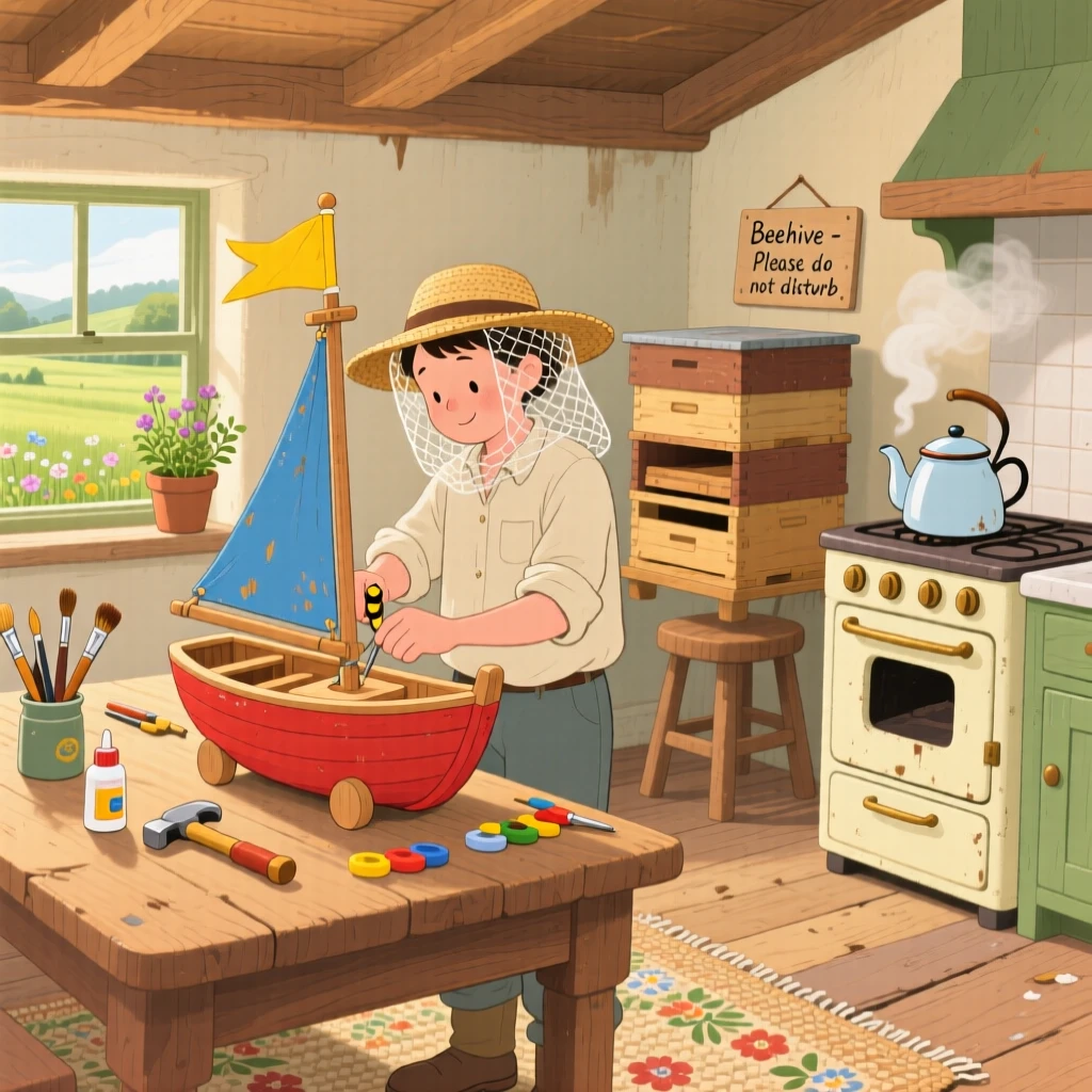 A beekeeper checking a hive spends the morning repairing a wooden toy boat in a countryside farmhouse kitchen, as steam curls gently from a nearby teapot.