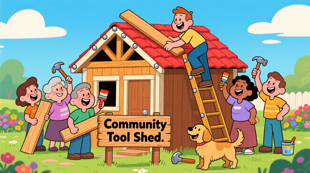 A group of neighbors raising a small community shed together.