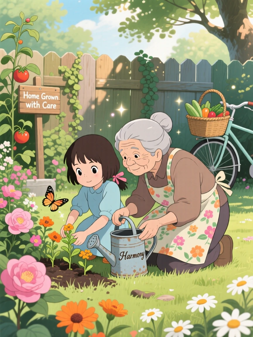 A tender moment of a young girl and an elderly neighbor tending a garden together, the scene quietly moving.