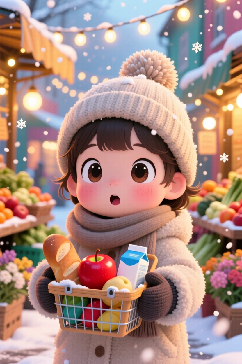 Close-up portrait of a child, grocery shopping with a tiny shopping basket, in a colorful neighborhood market, during a cozy winter snowfall, illuminated by glowing string lights, radiating gentle surprise.