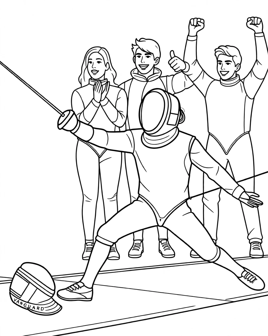 A fencer lunging forward with a rapier, with teammates celebrating just behind.