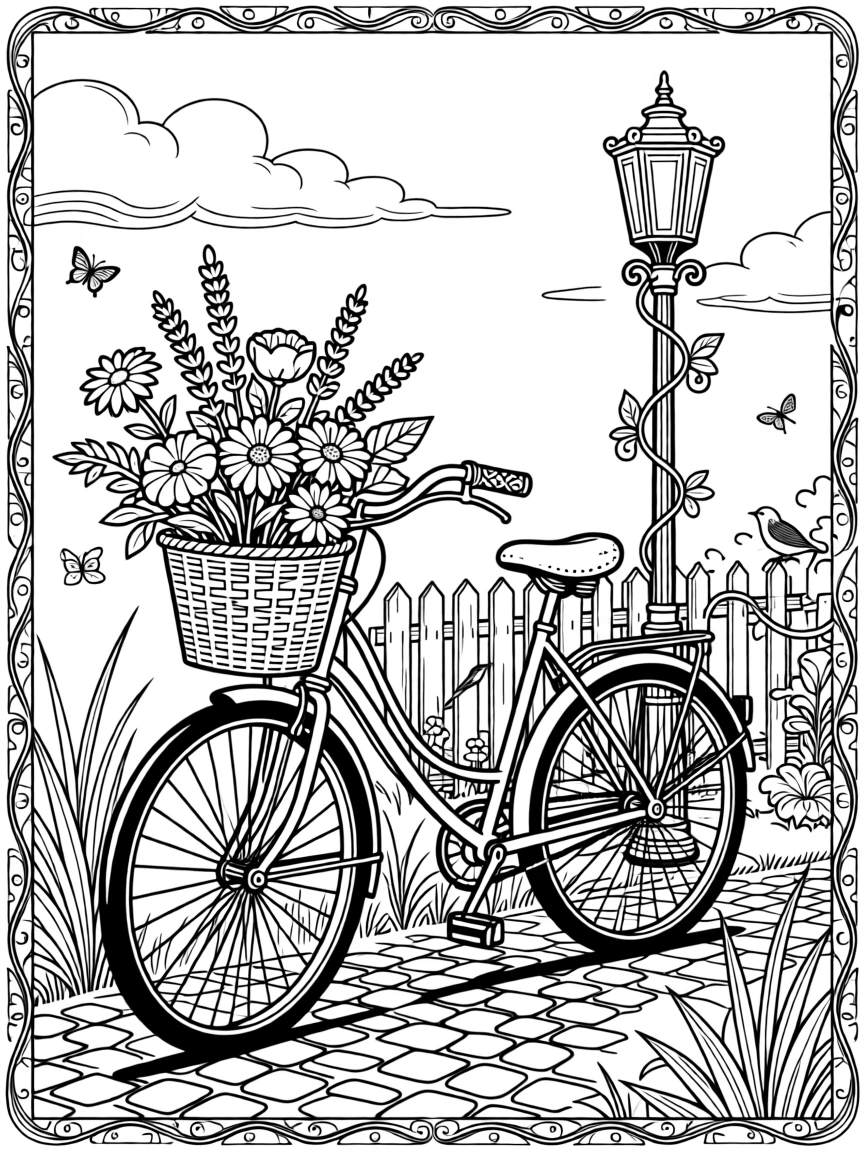 A vintage bicycle with a basket overflowing with wildflowers.