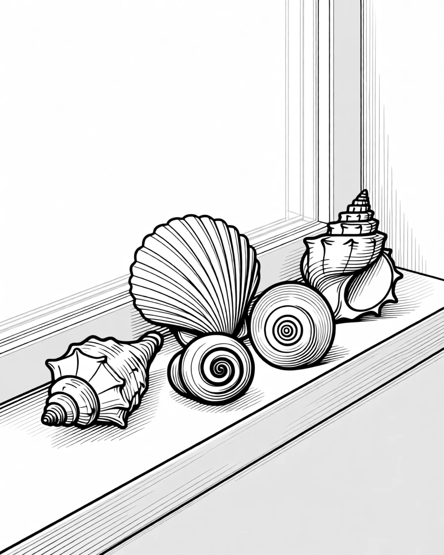 A collection of seashells arranged on a windowsill
