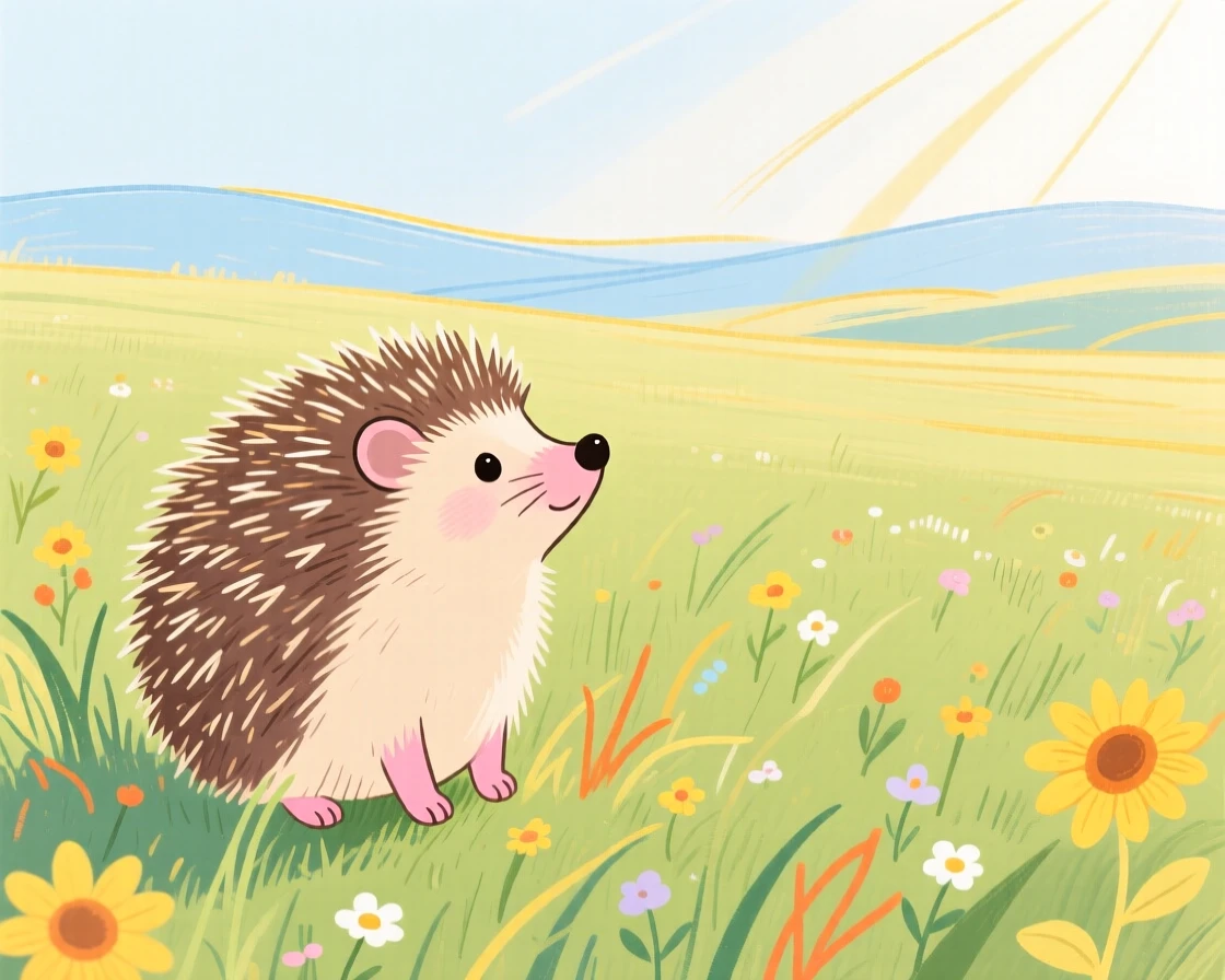 A small hedgehog watching the horizon in a sunlit meadow on a quiet summer afternoon.