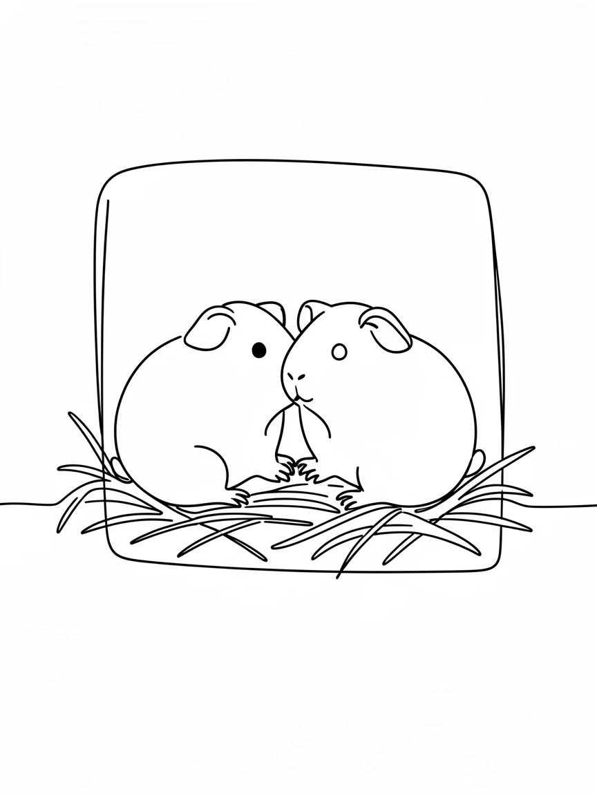 A pair of guinea pigs nuzzling together inside a straw-lined cage