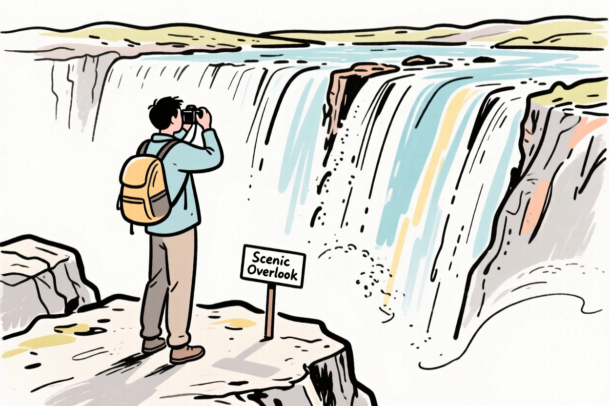 A traveler photographing a dramatic waterfall from a scenic overlook.