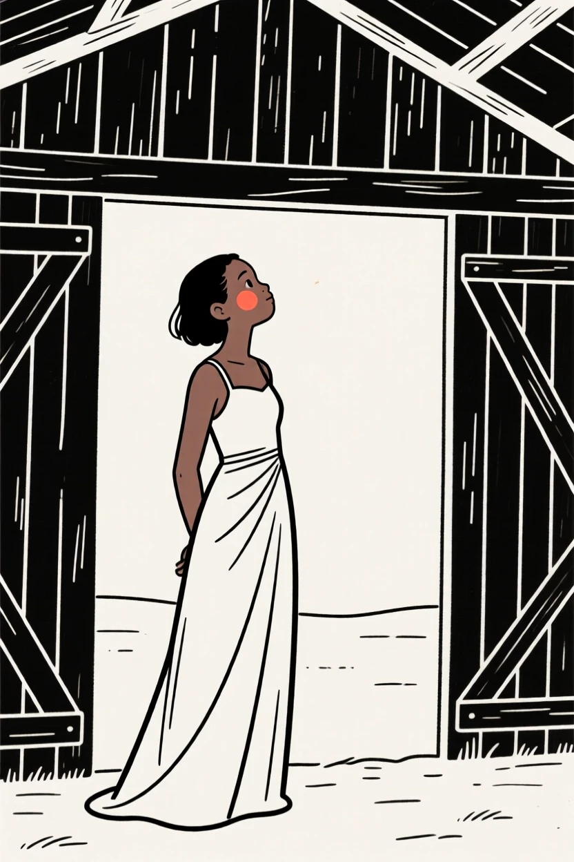A confident teenager of Kenyan heritage in an elegant evening gown, looking hopeful toward the horizon, in a rustic barn.
