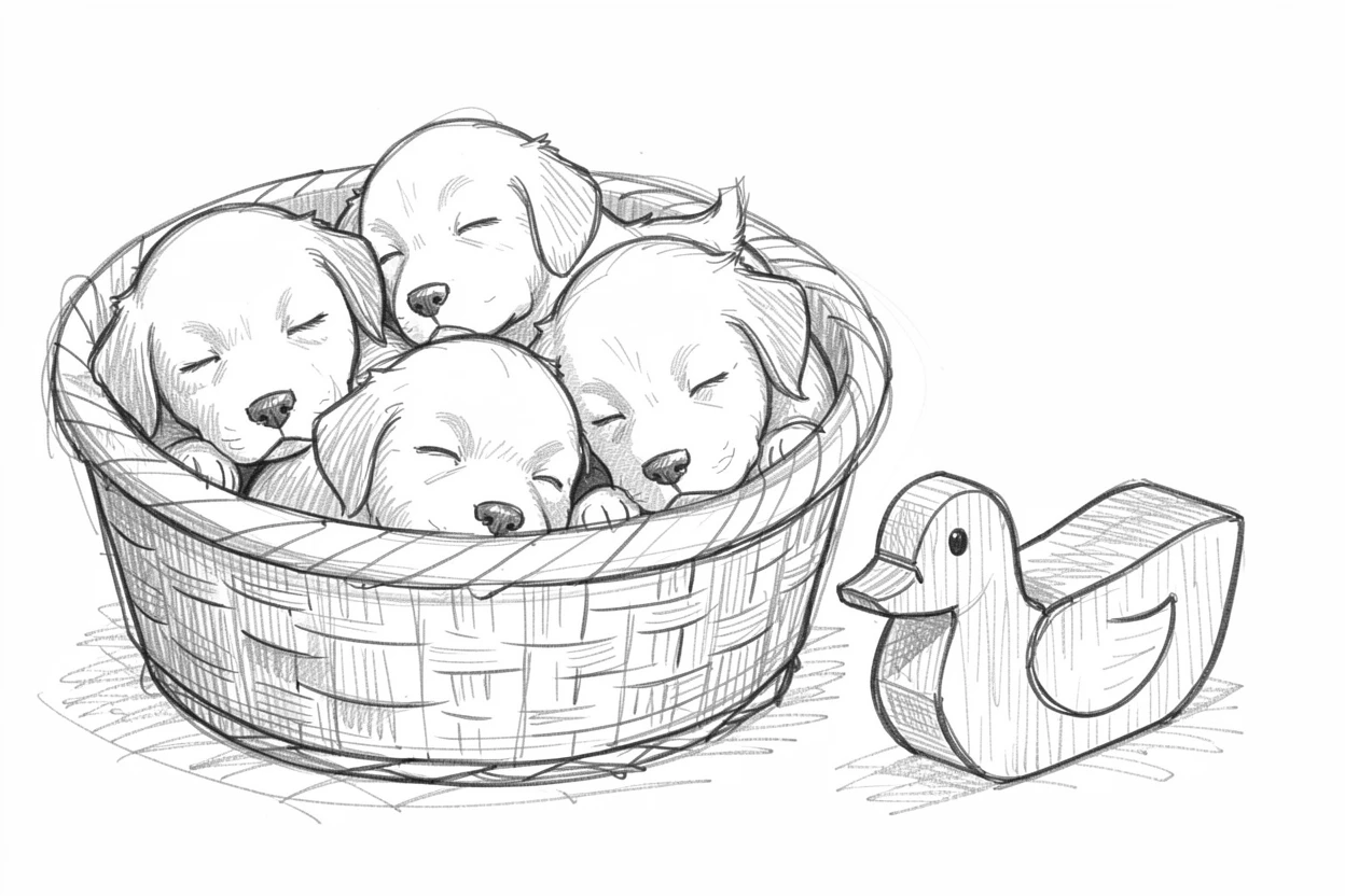 A charming close-up of a basket of sleepy puppies beside a small wooden toy, radiating pure innocent charm.