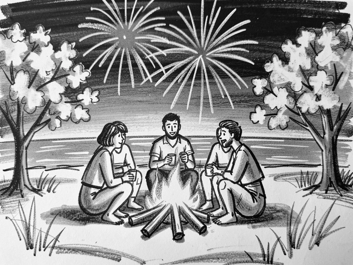 A summer beach bonfire with friends gathered under fireworks, beneath blossoming trees in full bloom.