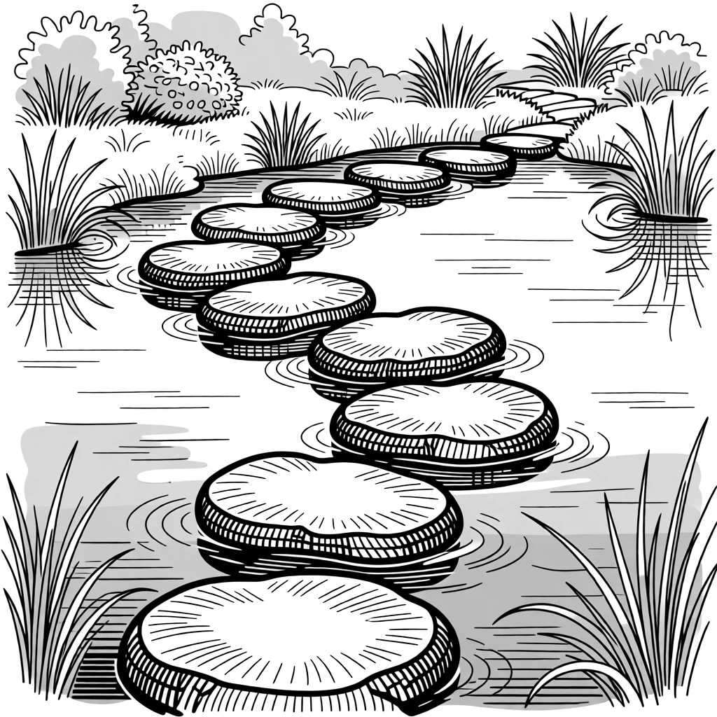A winding path of stepping stones crossing a peaceful garden pond.