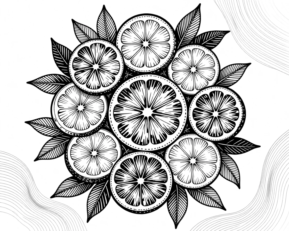 A circular arrangement of citrus slices and leaves set against a softly textured background, with a subtle repetition of shapes throughout, forming a richly ornamental decorative composition.