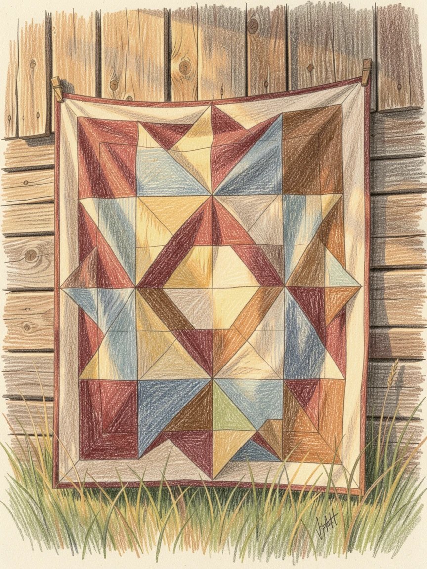 A rustic countryside barn quilt block glowing in afternoon light, with rich, inviting textures throughout the scene, perfect for anyone drawn to gentle, heartfelt imagery.