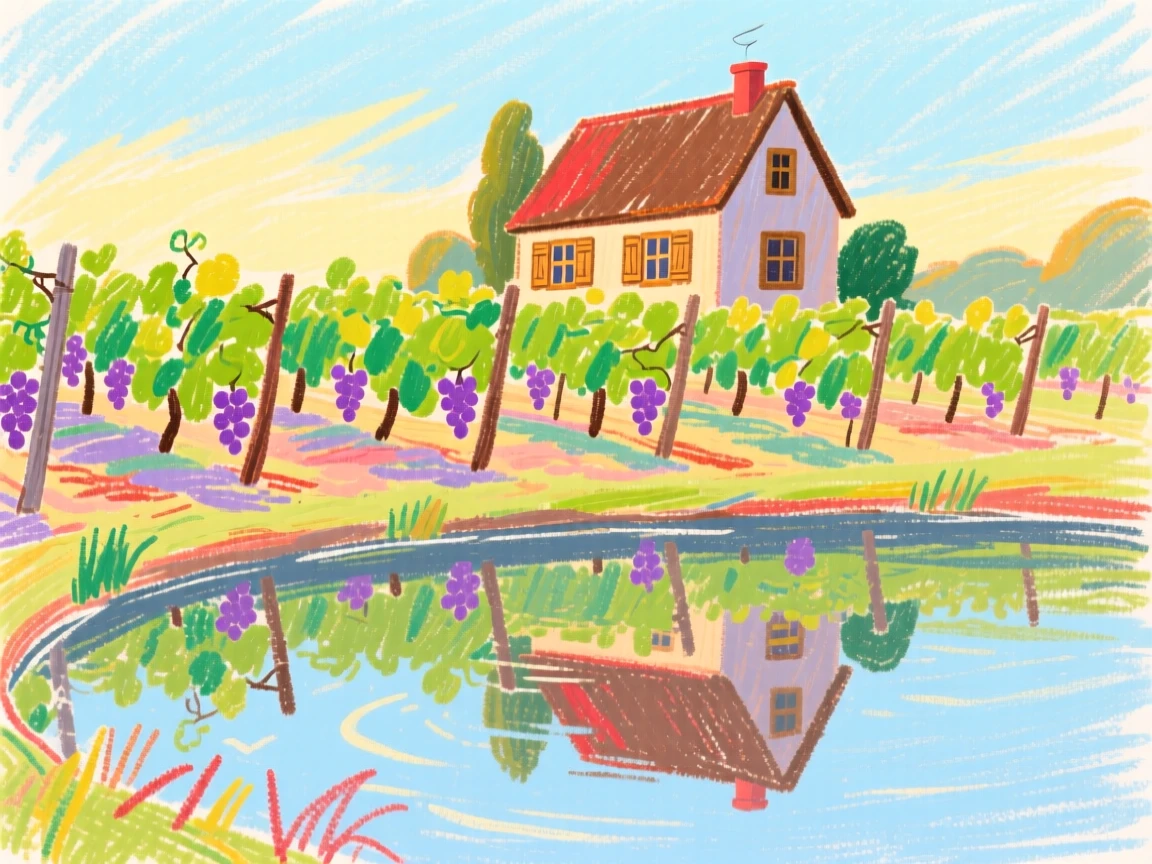 A view of a vineyard estate reflected perfectly in still morning water.