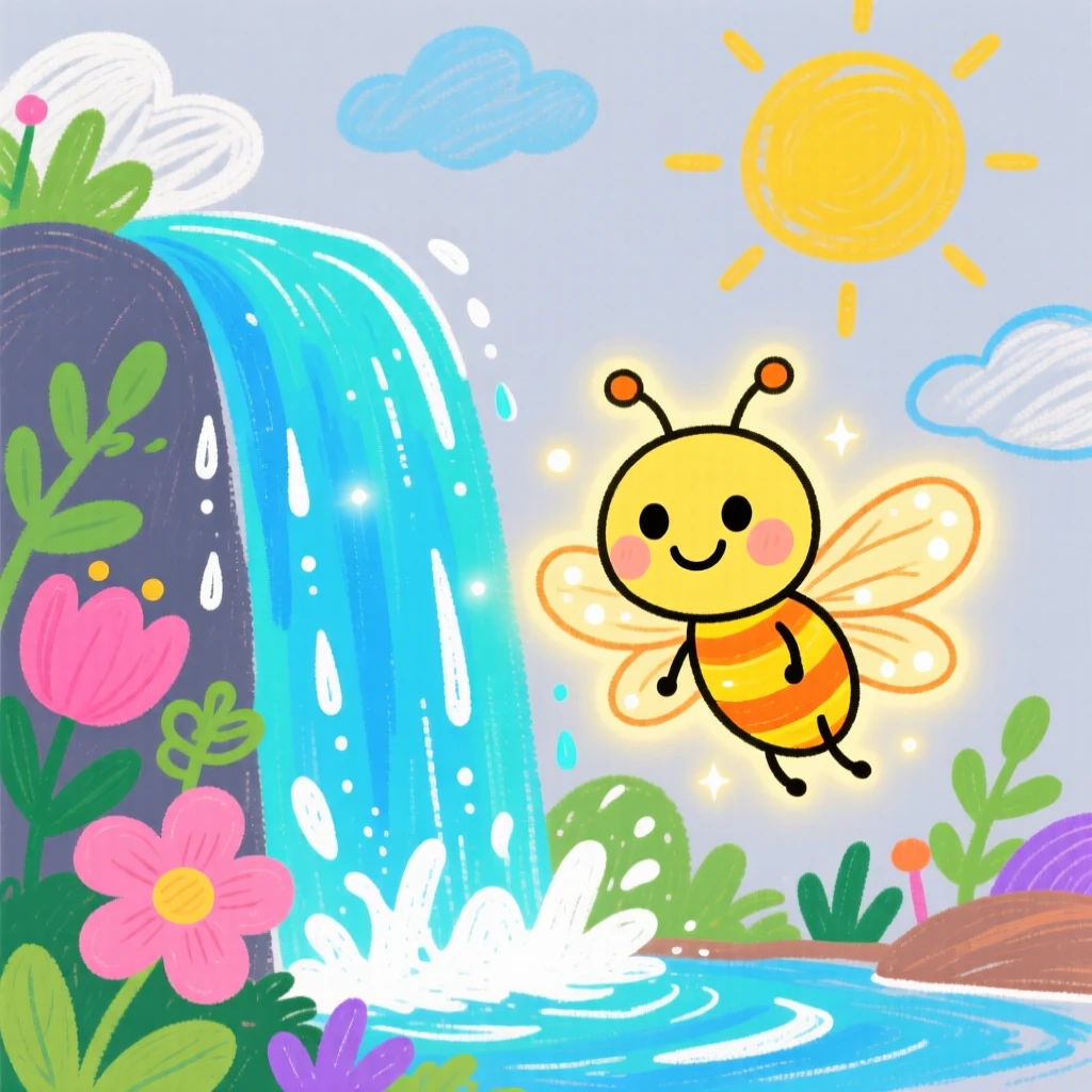 A glowing firefly sprite beside a glowing magical waterfall.