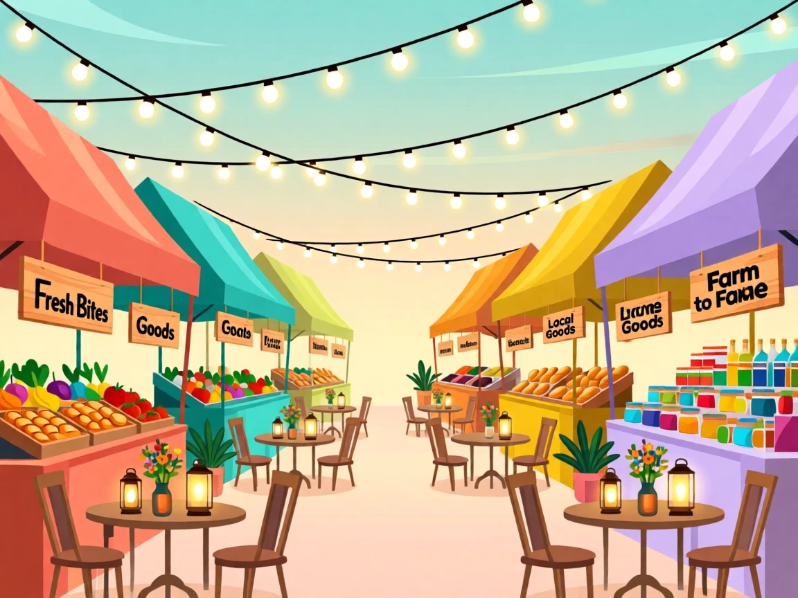 A vibrant food market with hanging string lights overhead, surrounded by warm string lights and cozy seating, composed with playful diagonal energy, with vibrant, trendy colors that feel fresh and current.