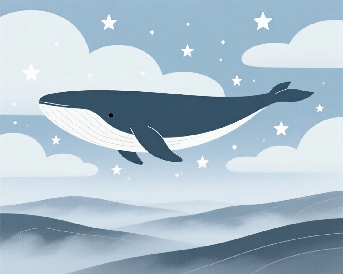 A dreamlike giant whale drifting through clouds rising from a mist-covered valley, filled with softly falling stardust, evoking whimsical fantasy.