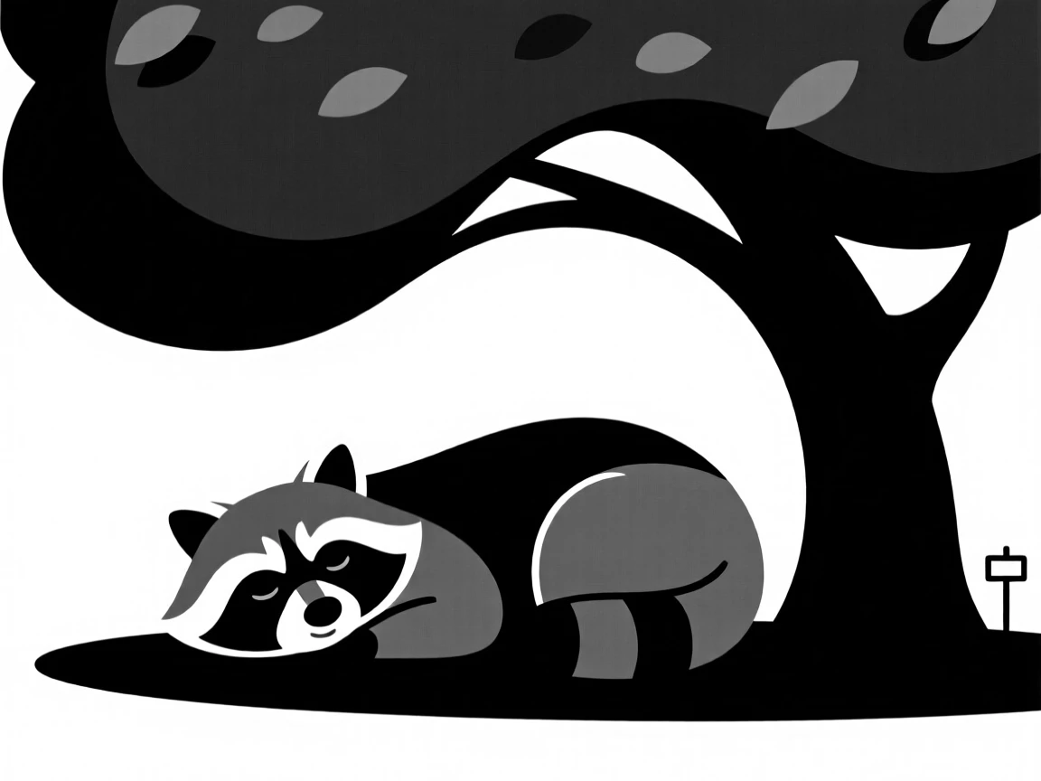 A raccoon resting beneath a shady tree.
