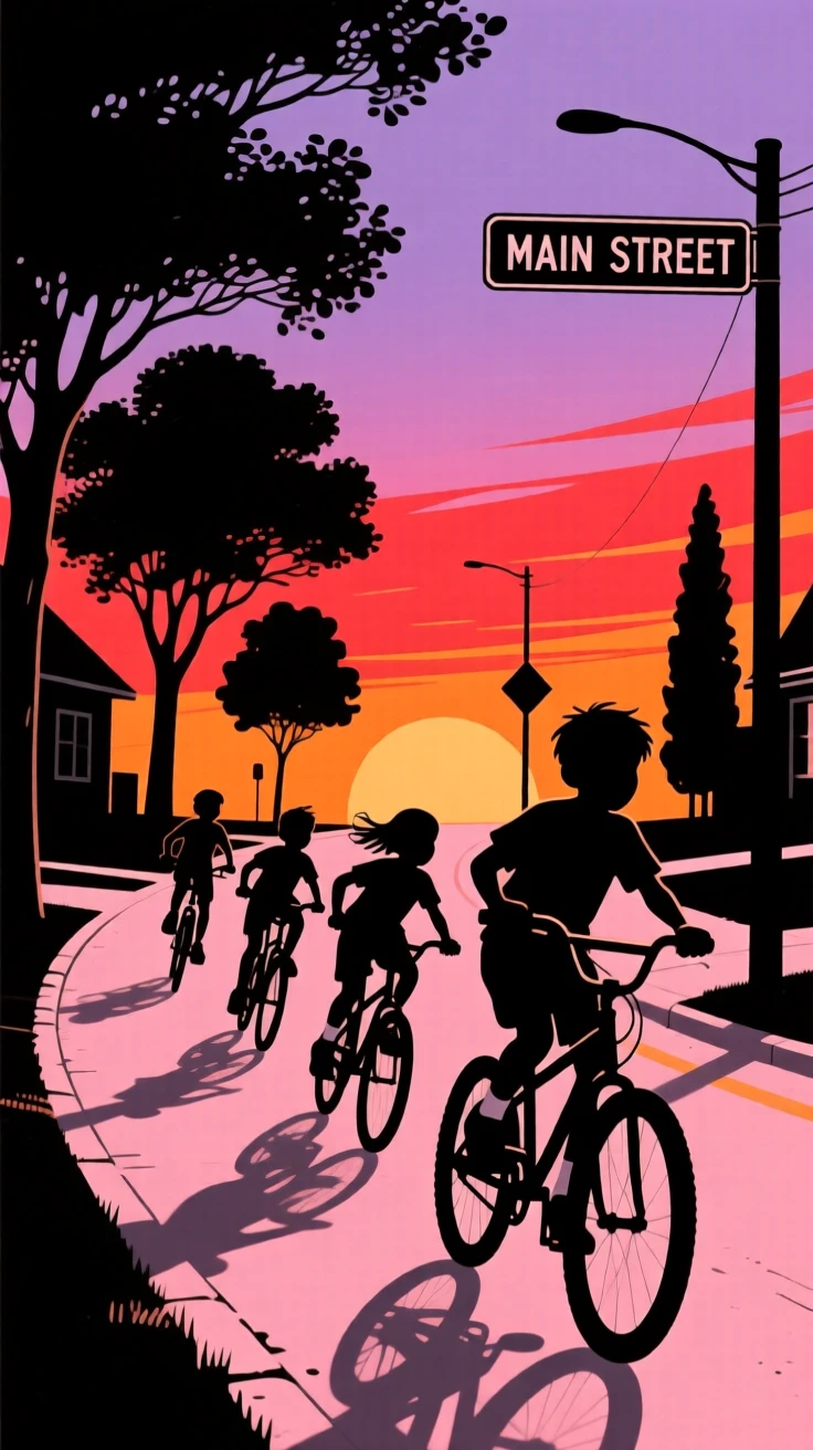 A group of children racing bicycles down a tree-lined neighborhood street.