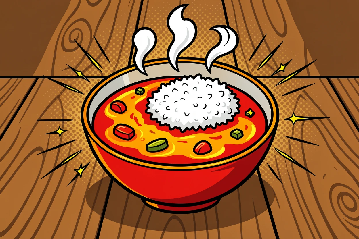 A bowl of lively curry served with steamed rice presented beautifully on a rustic wooden table