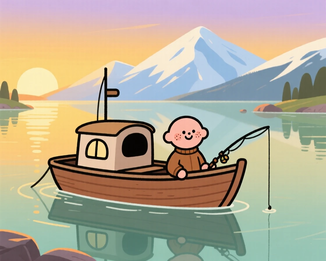A lone fishing boat drifts across a glassy alpine lake as the golden glow of sunset stretches across the surface and snow-capped peaks rise in the distance.