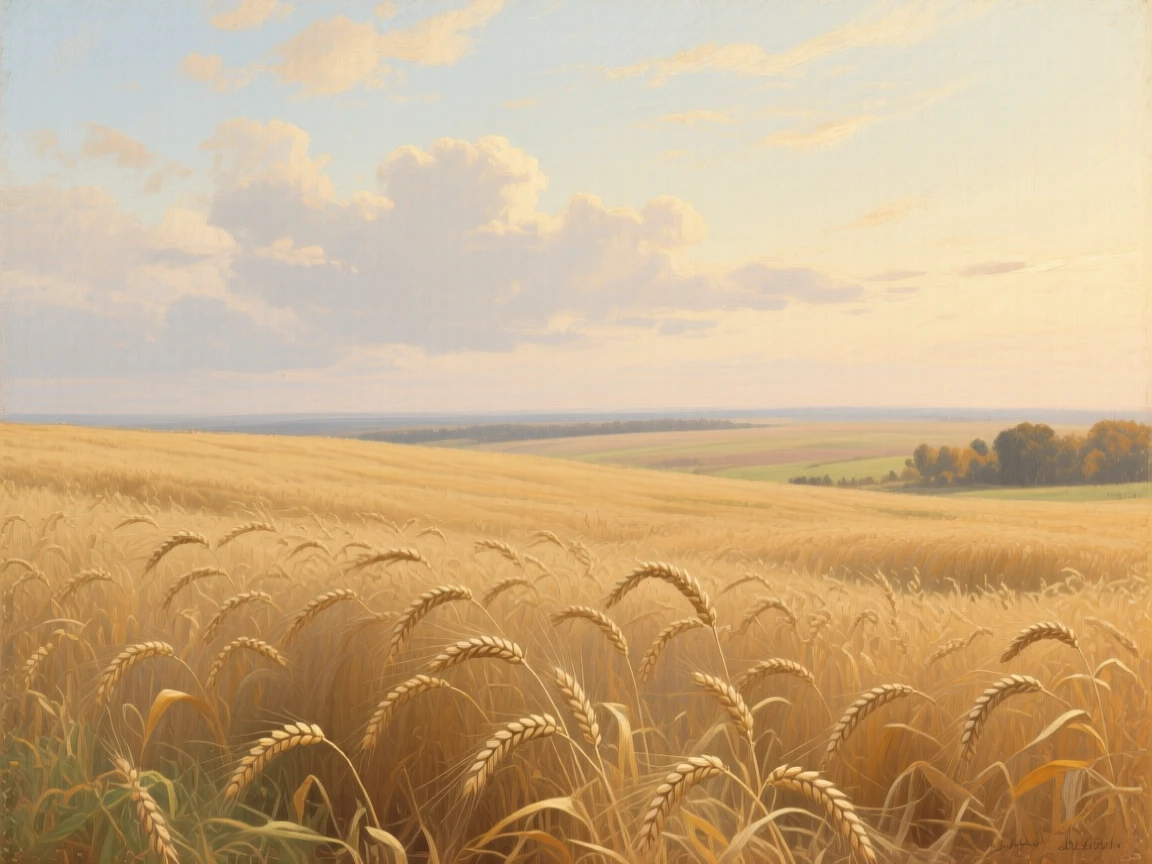 A panoramic view of a wheat field swaying gently under an open sky, in mid-autumn, beneath drifting clouds.