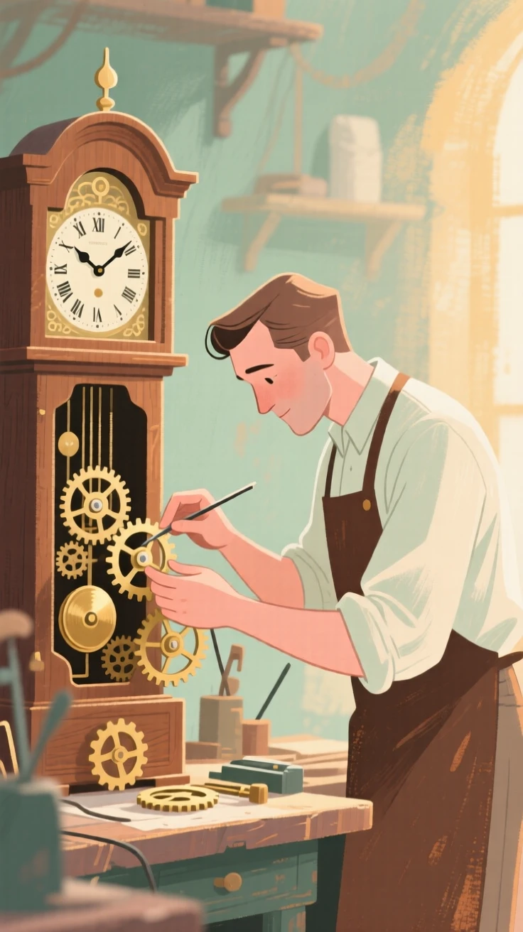 A clockmaker assembling the gears of a grandfather clock