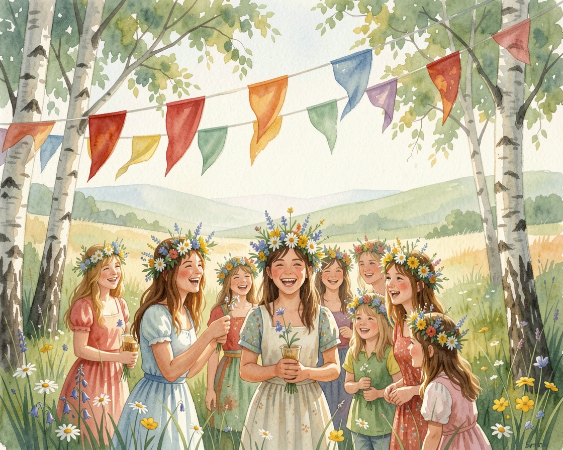 A traditional Nordic midsummer celebration with flower crowns under strings of colorful festival flags.