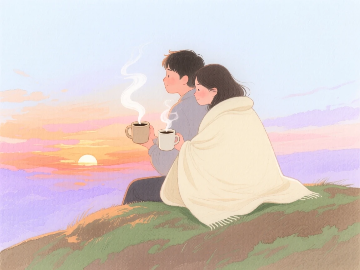 A couple watches the sunrise from a hilltop wrapped in a single blanket, coffee mugs steaming in their hands