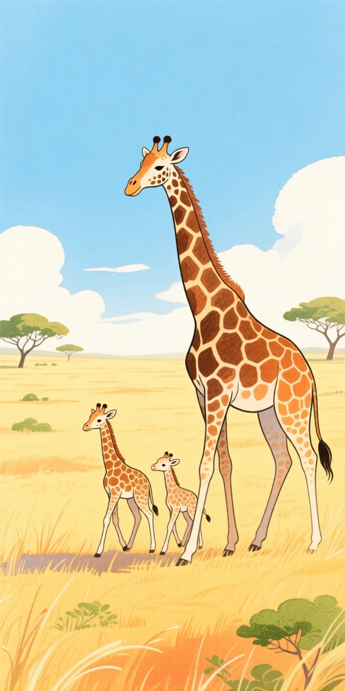 A giraffe family walking across the open plains, captured in a moment of quiet wonder.