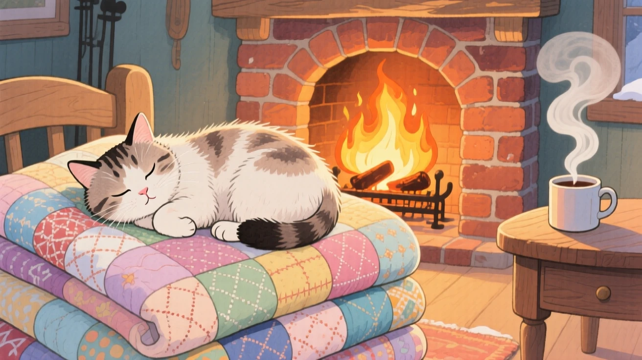 A cat curled asleep on a stack of quilts in front of a crackling fireplace, with steam curling gently upward, inspiring a nostalgic sense of home.