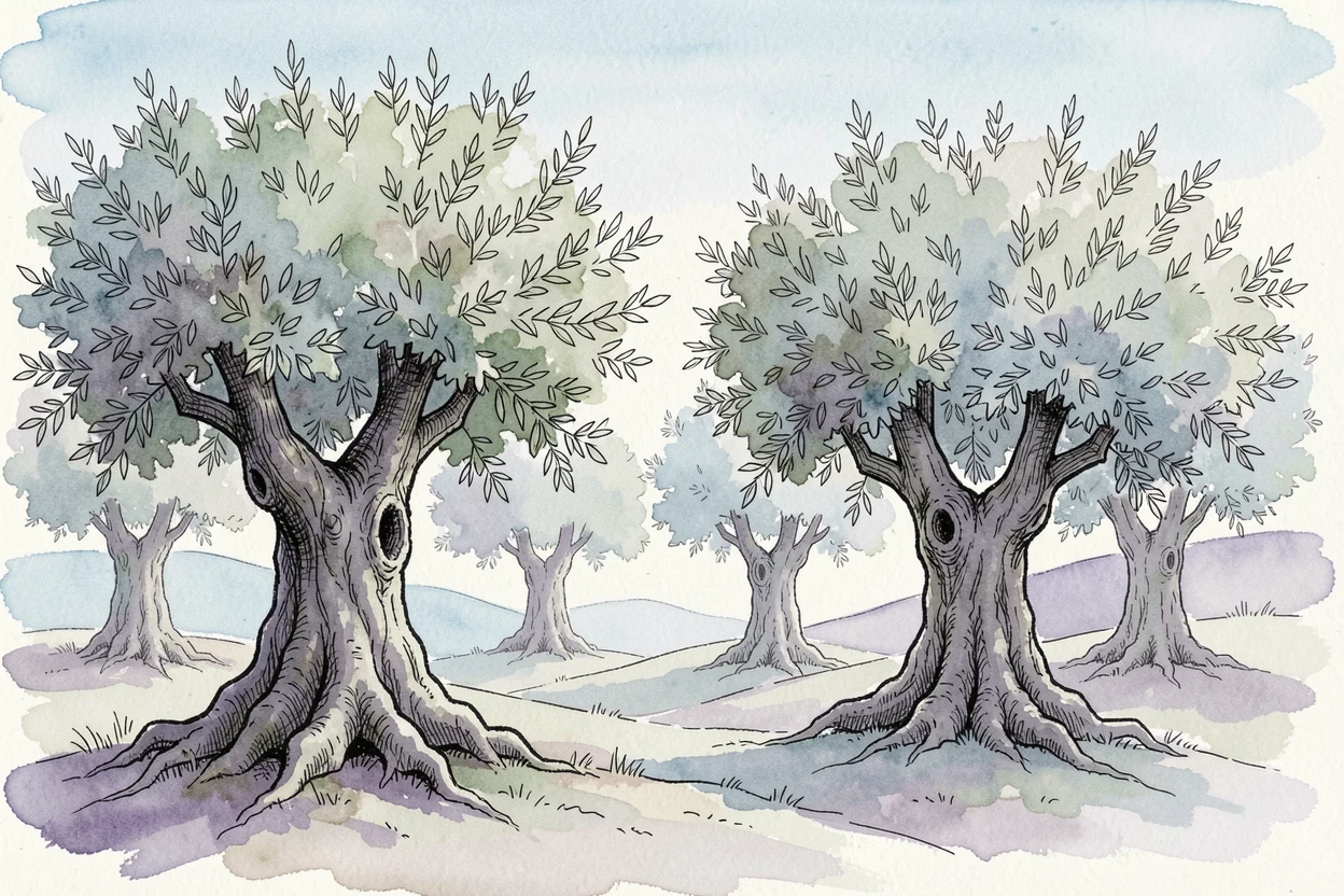 A grove of ancient olive trees twisted by centuries of wind, the scene bathed in the soft blue light of early dawn.